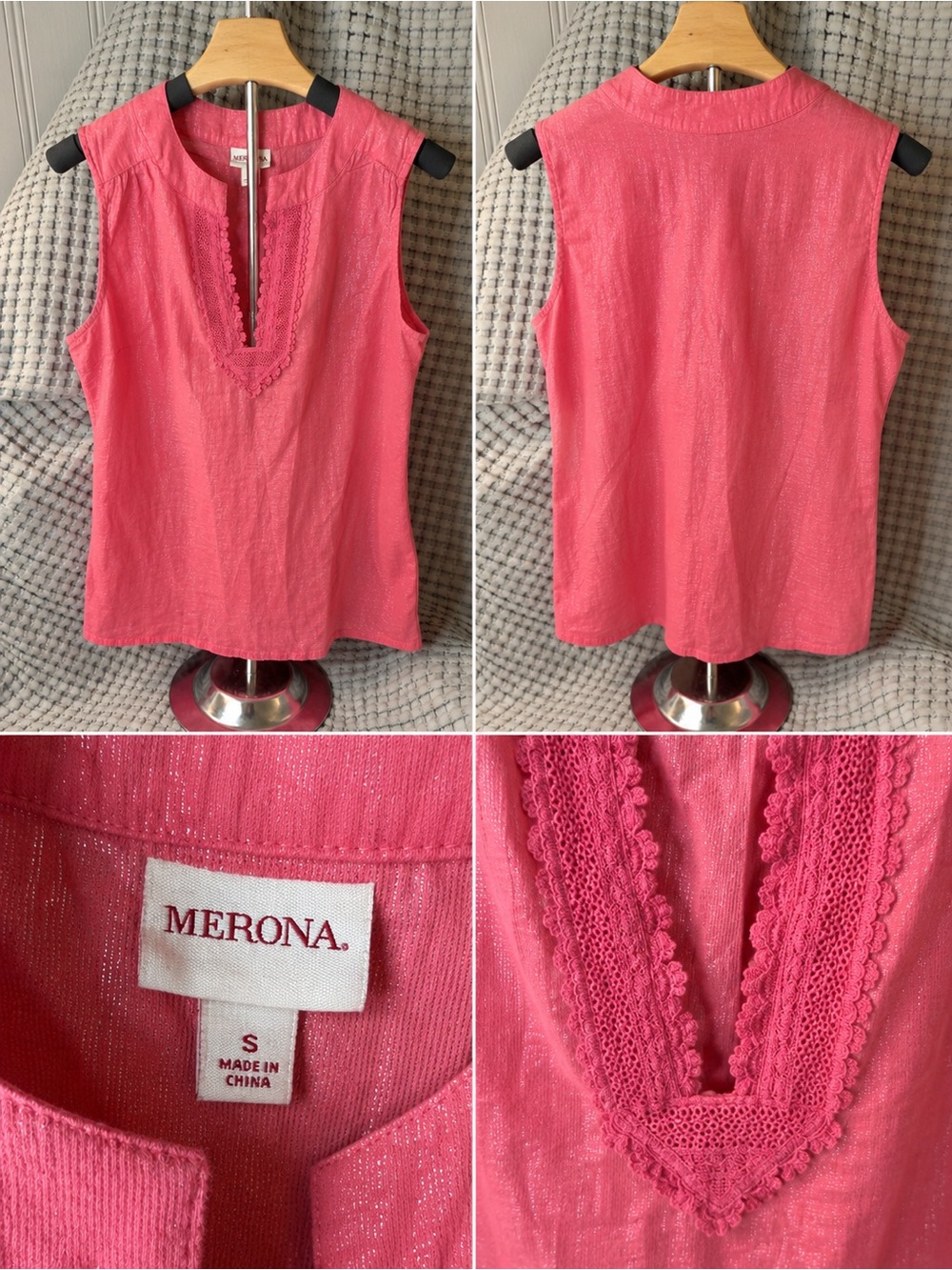 Merona Bright Pink Sleeveless Lace-Trim V-Notch Camisole